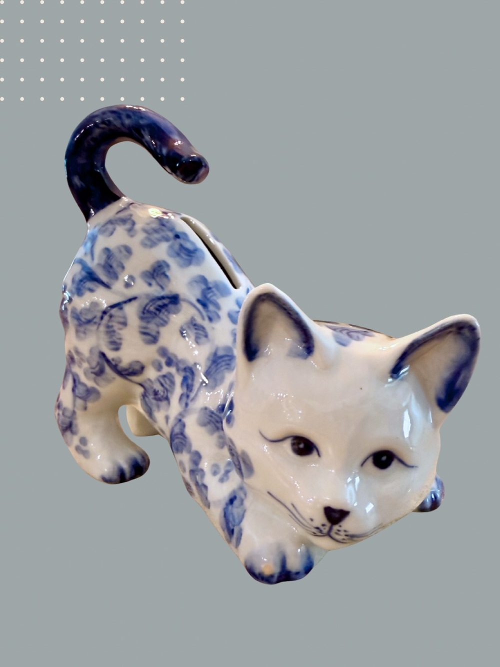 Vintage Andrea by Sadek Blue White Porcelain Cat Coin Bank Floral cottage vibes